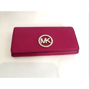 Michael Kors Fulton Pebble Leather Wallet Flap Fuchsia Pink 8x4in Silver MK Logo